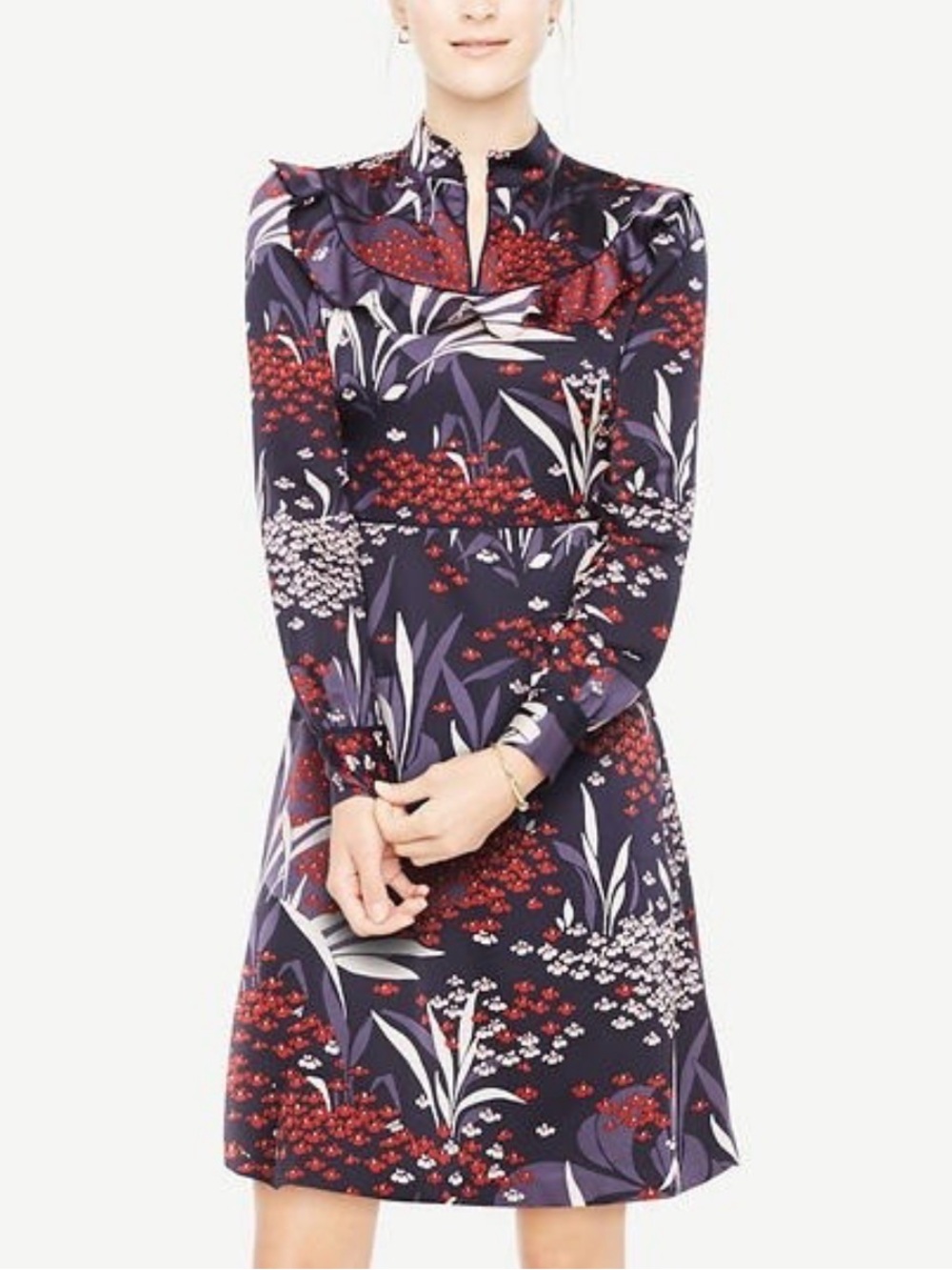 Ann Taylor Navy & Red Floral Long-Sleeve Dress